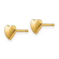 A pair of polished yellow gold heart-shaped stud earrings with posts and backs, shown from the front against a white background.