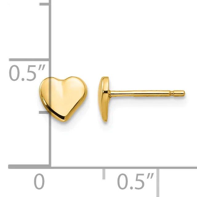 A pair of polished gold-tone heart-shaped stud earrings displayed next to a ruler showing they measure approximately 0.5 inches.