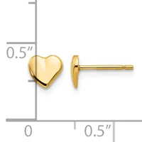 A pair of polished gold-tone heart-shaped stud earrings displayed next to a ruler showing they measure approximately 0.5 inches.