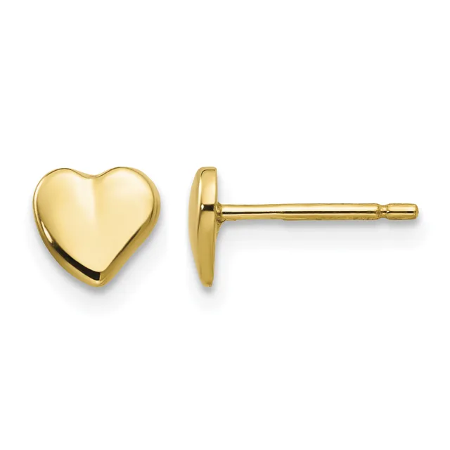 A pair of polished gold heart-shaped stud earrings shown from front and side views.