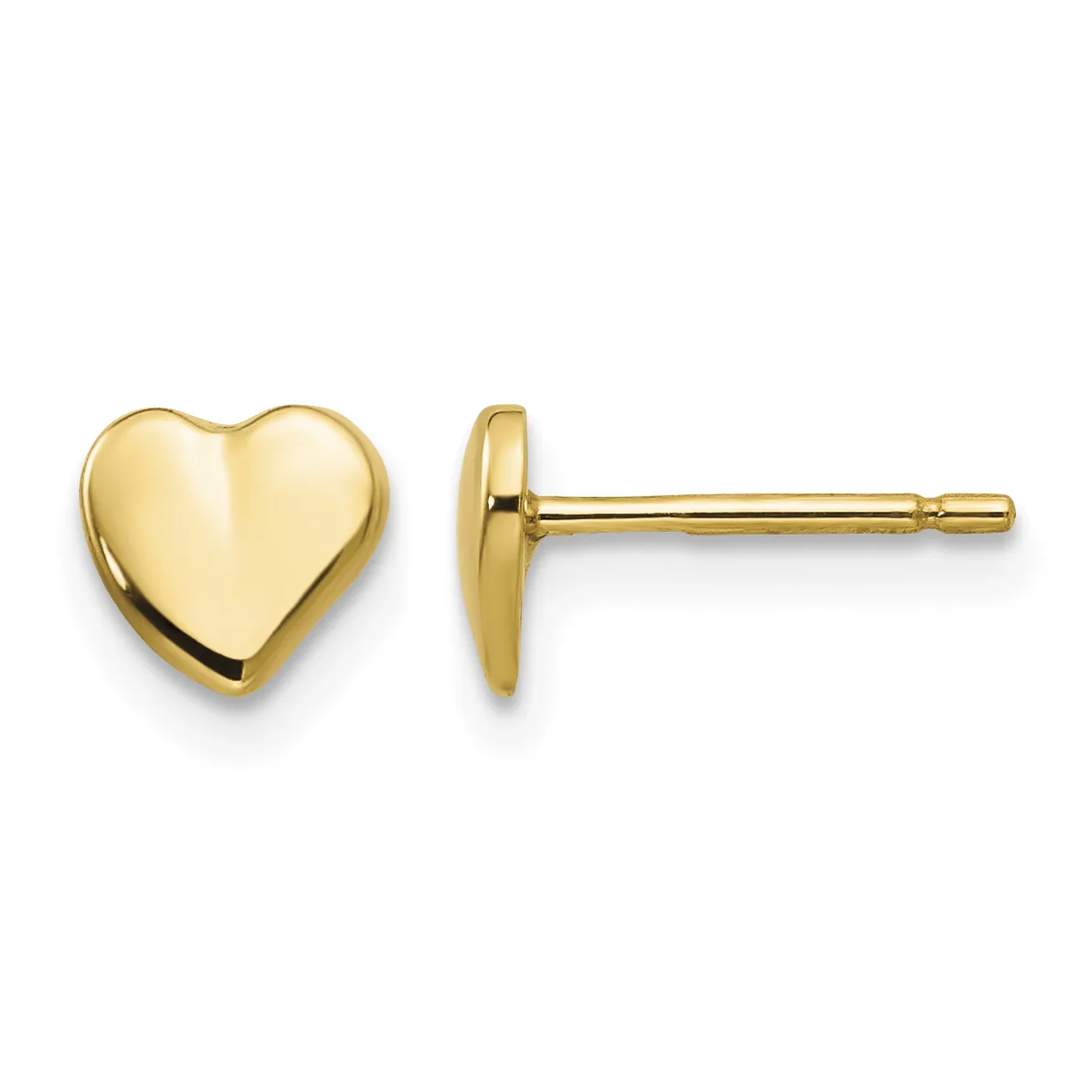 A pair of polished gold heart-shaped stud earrings shown from front and side views.