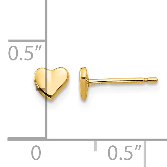 Pair of small gold heart-shaped stud earrings shown front and side view with measurement scale indicating 0.5 inches in width.