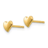 A pair of polished gold-colored heart-shaped stud earrings with posts and backs, shown against a white background.