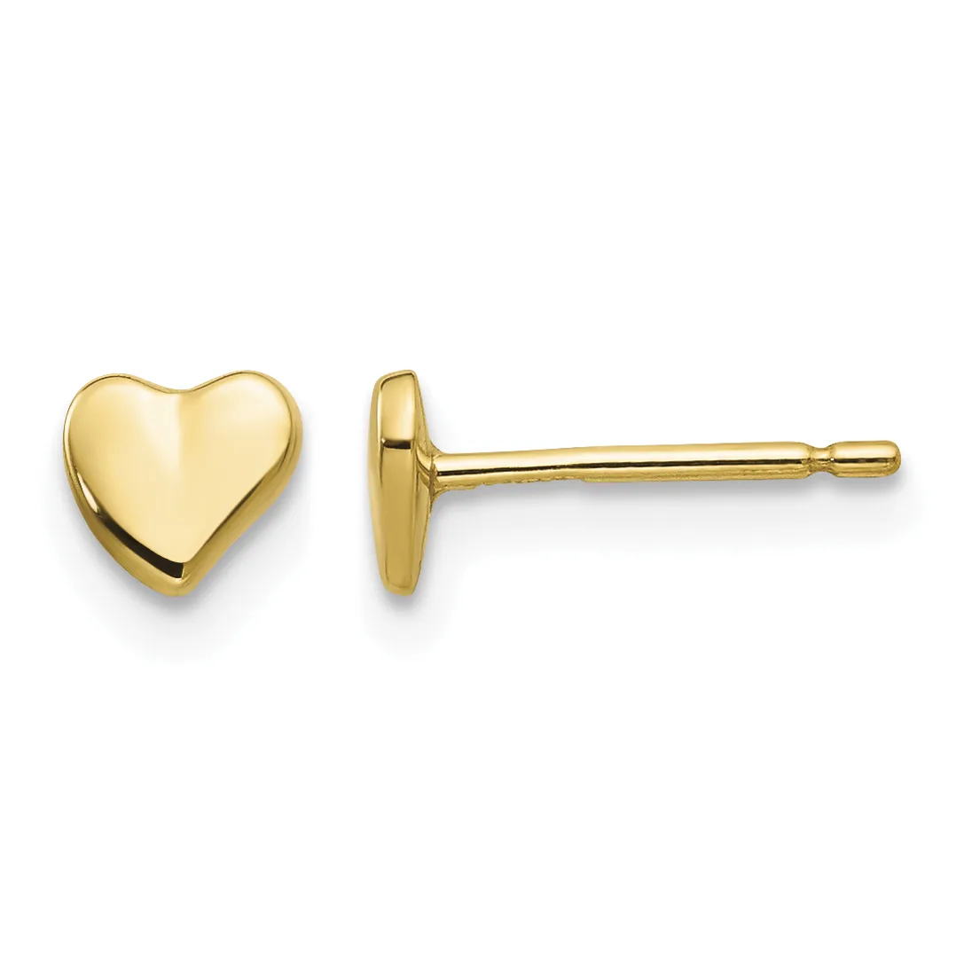 Pair of polished gold heart-shaped stud earrings shown from front and side views with posts and backs visible.