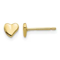 Pair of polished gold heart-shaped stud earrings shown from front and side views with posts and backs visible.
