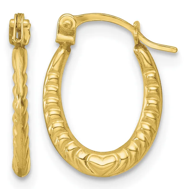 Pair of gold hoop earrings with textured surface featuring heart and line patterns, shown from front and side views.