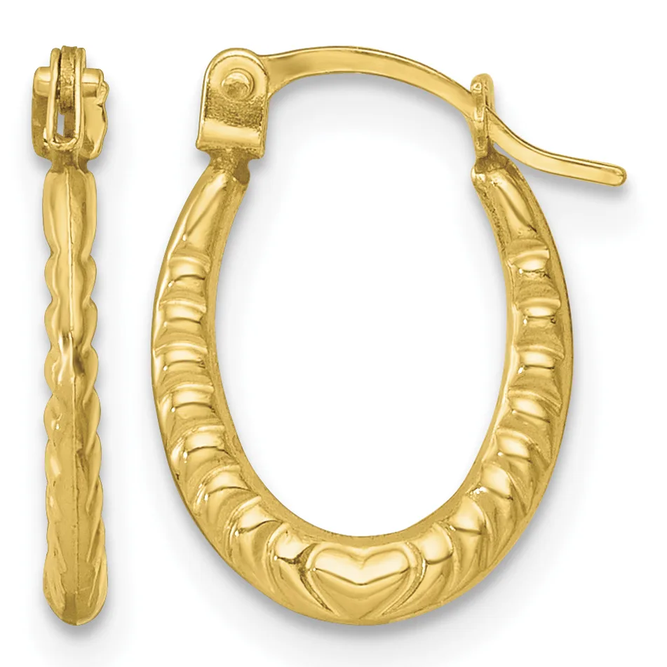Pair of gold hoop earrings with textured surface featuring heart and line patterns, shown from front and side views.