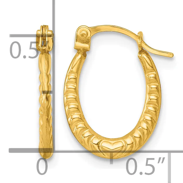 A pair of gold hoop earrings with textured surface and hinged closures, shown with dimension measurements indicating approximately 0.5 inches in width and height.