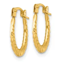 A pair of gold hoop earrings with textured surfaces and hinged closures, displayed against a white background.