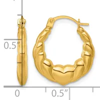 Pair of gold puffy heart-shaped hoop earrings with textured surface and post backs, shown front and side view with measurement scale.