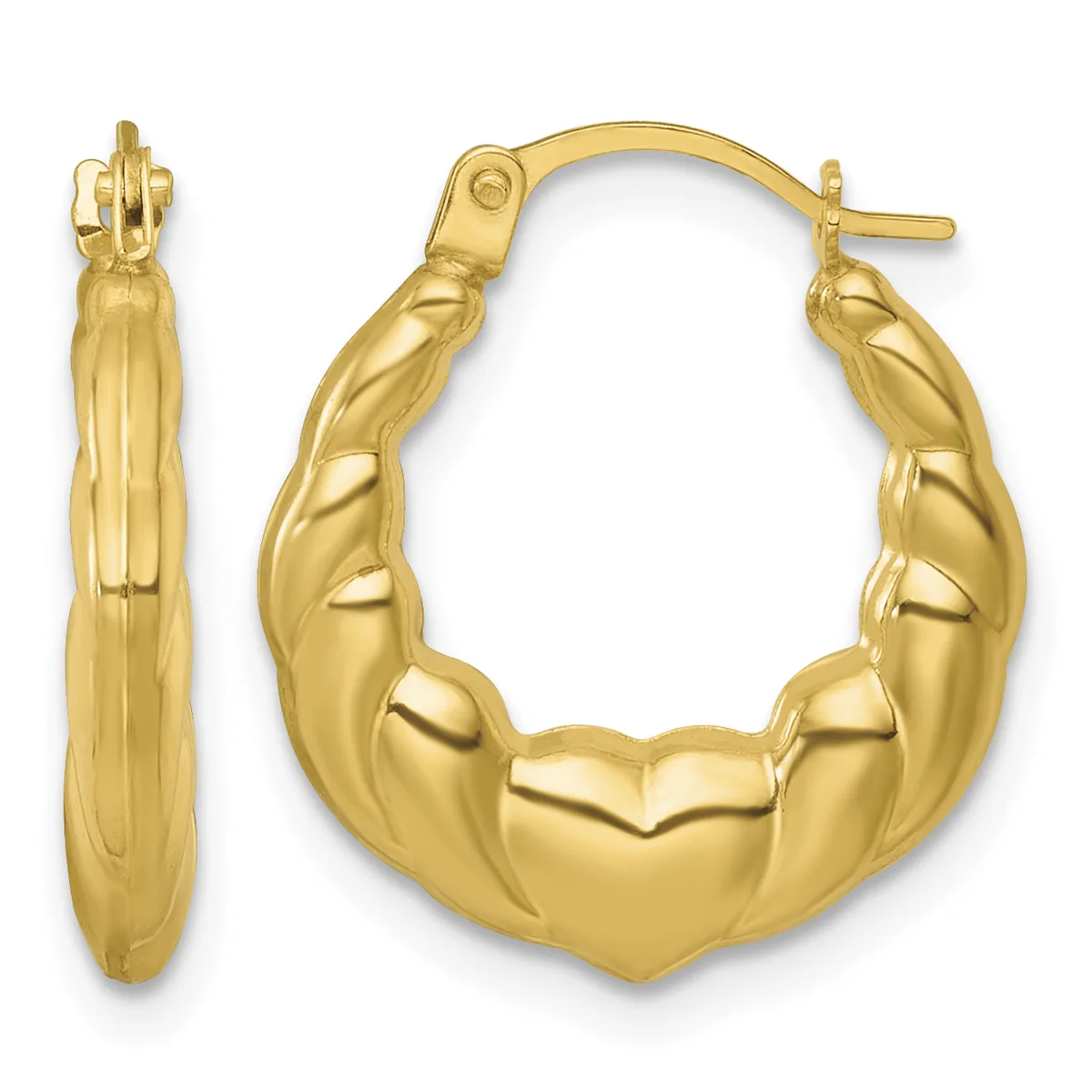 Pair of gold hoop earrings with a textured, scalloped surface and post backs, shown from front and side views.