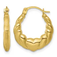 Pair of gold hoop earrings with a textured, scalloped surface and post backs, shown from front and side views.