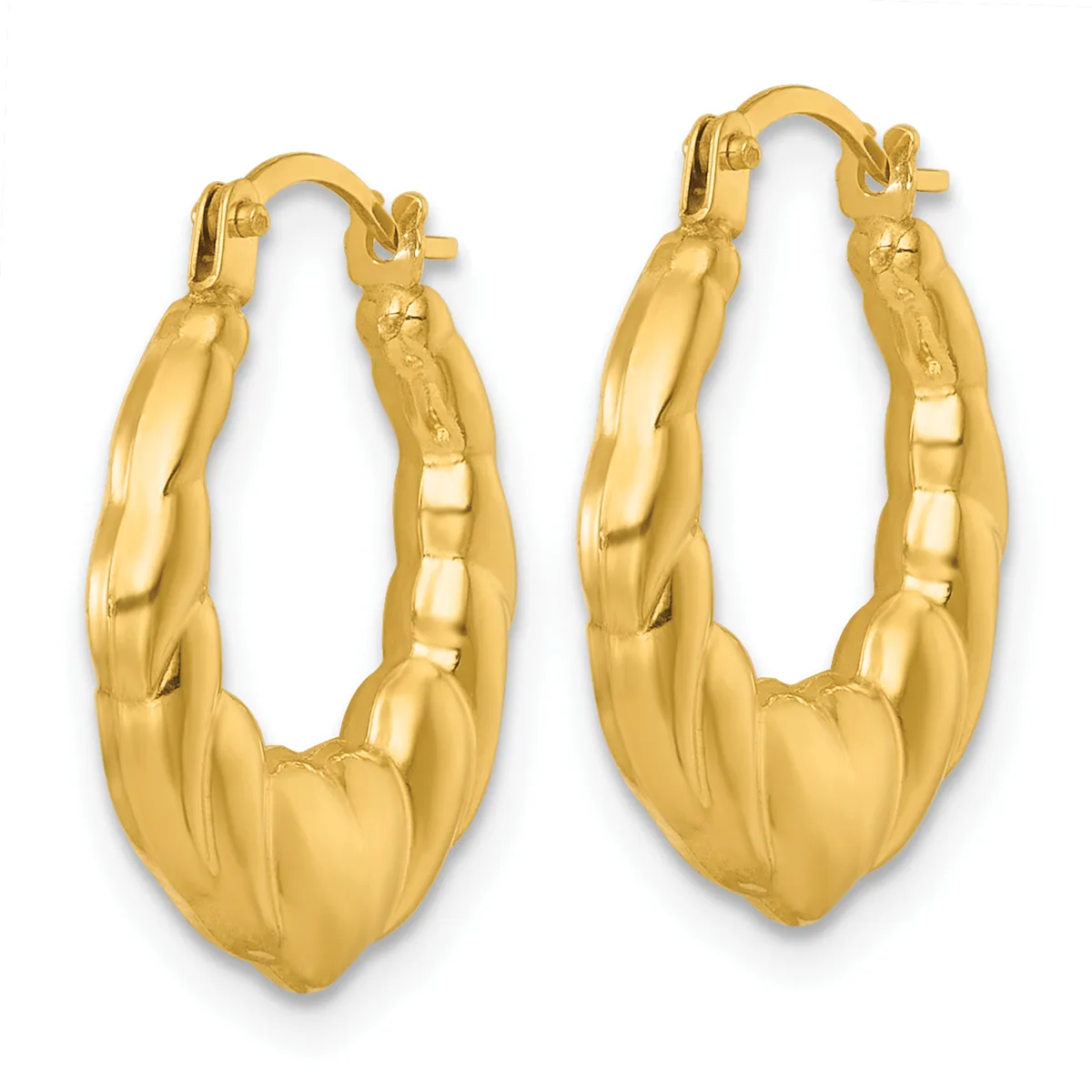 Pair of gold-colored twisted hoop earrings with chunky textured surfaces and hinged closures, displayed against a white background.