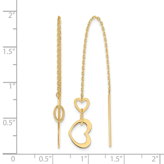 Three gold threader earrings with chain details and heart-shaped pendants displayed against a ruler showing measurements up to two inches.
