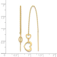 Three gold threader earrings with chain details and heart-shaped pendants displayed against a ruler showing measurements up to two inches.