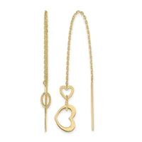 Three gold threader earrings with chain details and heart-shaped pendants in varying sizes displayed against a white background.