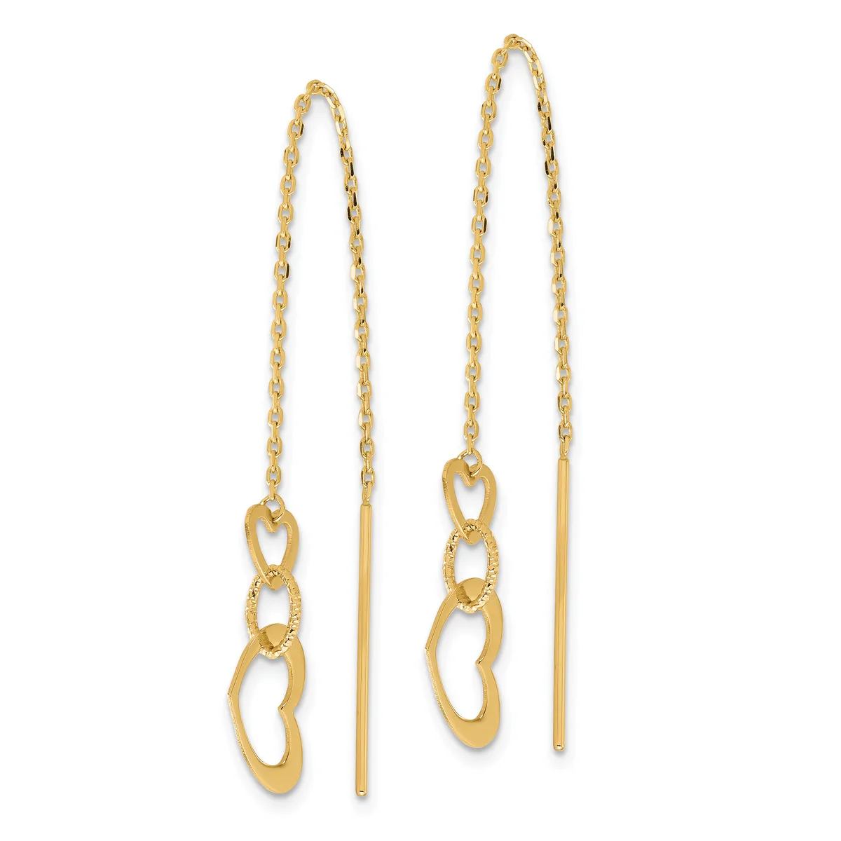 Pair of gold threader earrings with textured chain and open curved heart-shaped pendants hanging from thin bars.