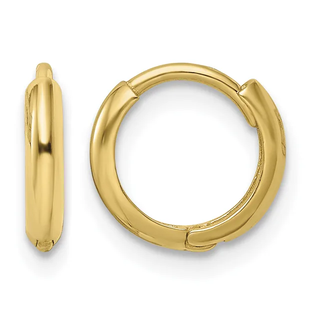 A pair of polished gold-colored hoop earrings displayed from front and side views, showing their rounded tubular shape and hinged closure.