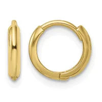A pair of polished gold-colored hoop earrings displayed from front and side views, showing their rounded tubular shape and hinged closure.
