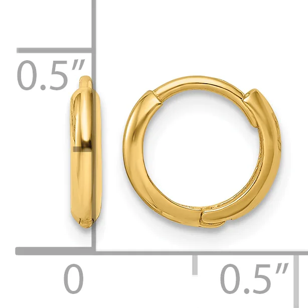 Pair of small polished yellow gold hoop earrings with hinged closures, shown from front and side views with measurement scale indicating 0.5 inch diameter.