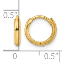 Pair of small polished yellow gold hoop earrings with hinged closures, shown from front and side views with measurement scale indicating 0.5 inch diameter.