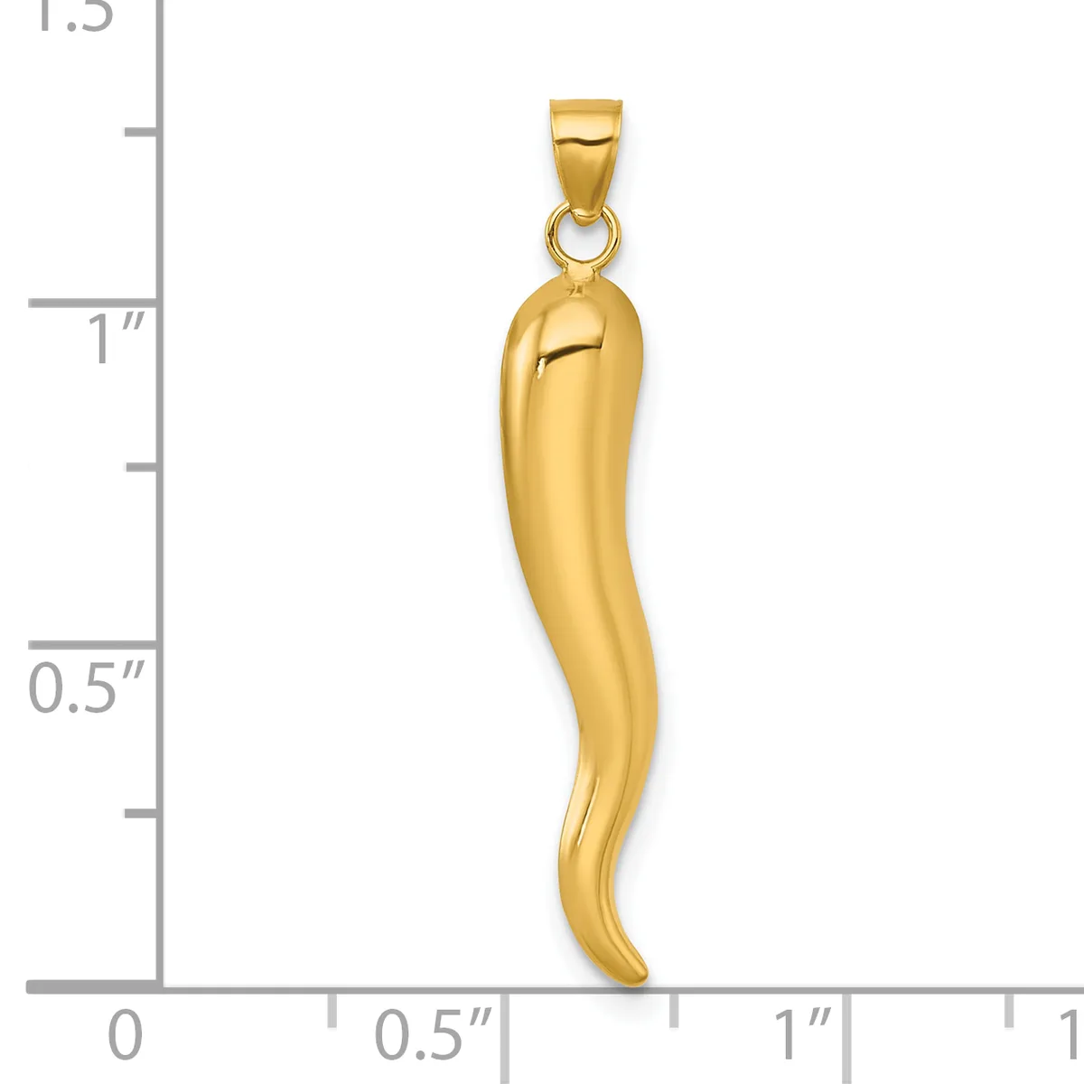 A polished gold-colored curved horn or chili pepper-shaped pendant with a small loop at the top, shown against a measurement scale indicating approximately 1.25 inches in length.