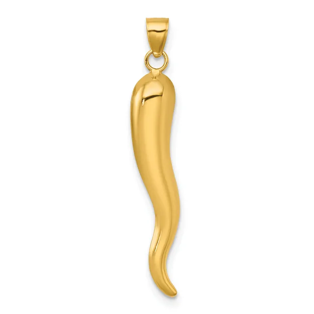 A polished gold cornucopia charm pendant with a small slot detail, suspended from a rectangular bail.