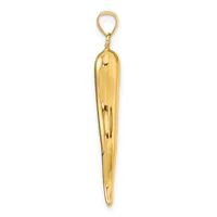 A polished gold-toned elongated teardrop pendant with a loop attachment at the top, shown hanging against a white background.