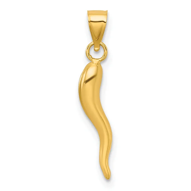 A polished gold curved horn-shaped pendant with a rectangular bail attached to the top.
