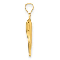 A gold-toned elongated teardrop pendant with a polished finish hangs from a teardrop-shaped loop, shown against a white background.