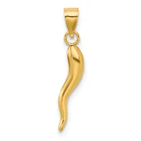 A polished gold pendant shaped like a curved horn or chili pepper, suspended from a rectangular bail with a jump ring.