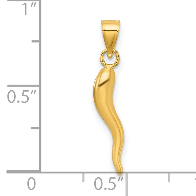 Gold-colored curved horn-shaped pendant with a rectangular bail attachment, shown next to a ruler indicating approximately one inch in length.