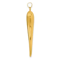 A polished gold elongated teardrop-shaped pendant with a looped bail at the top.