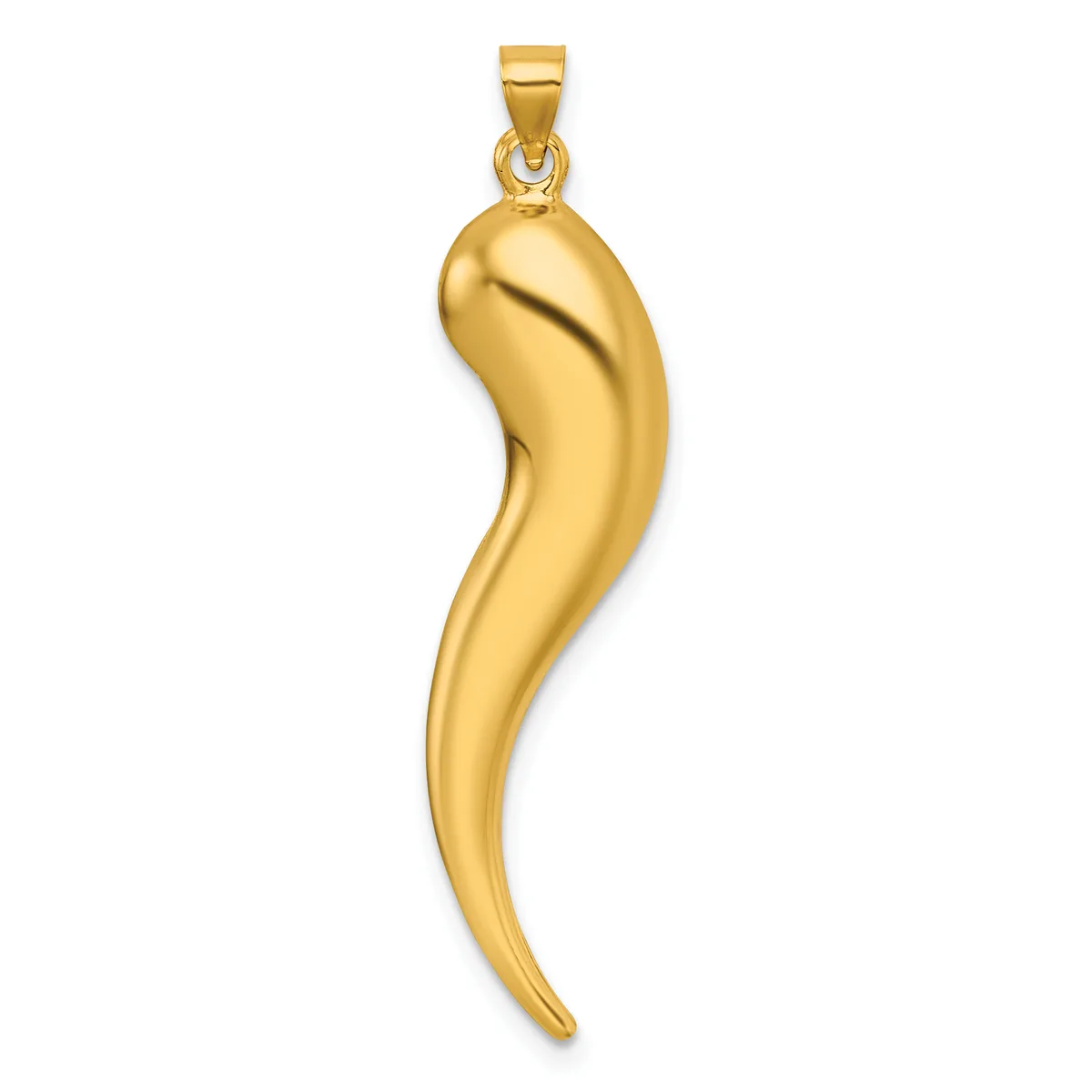 A polished gold cornucopia or horn-shaped pendant with a loop bail at the top, shown against a white background.