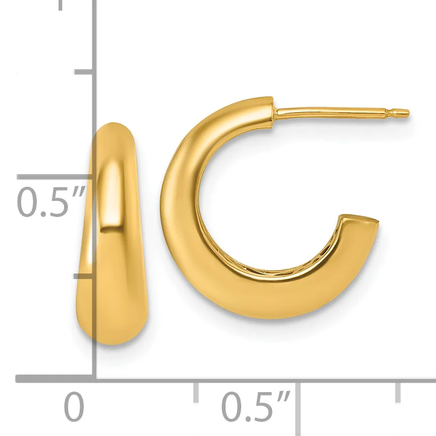 A pair of gold-colored polished hoop earrings with a curved, chunky design, shown with measurement scale indicating approximately 0.5 inch dimensions.