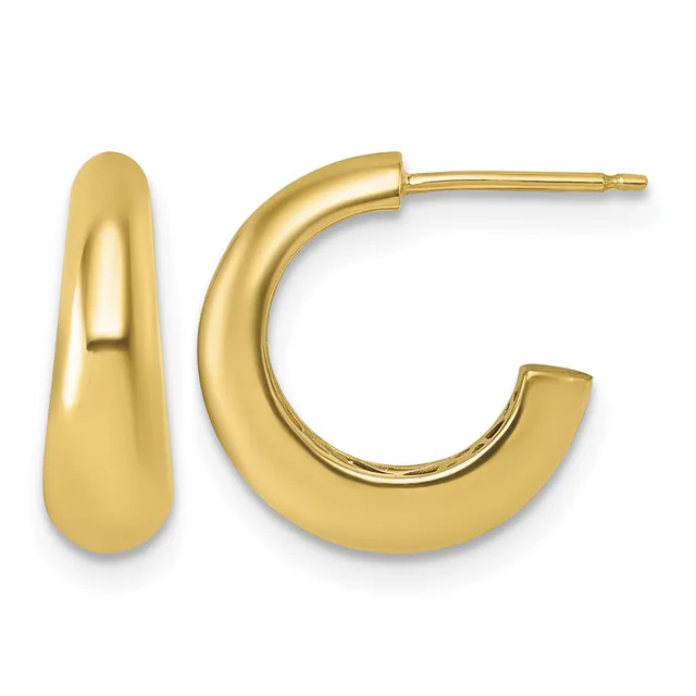Pair of polished gold-colored chunky curved hoop earrings with post and clutch backs, displayed against a white background.