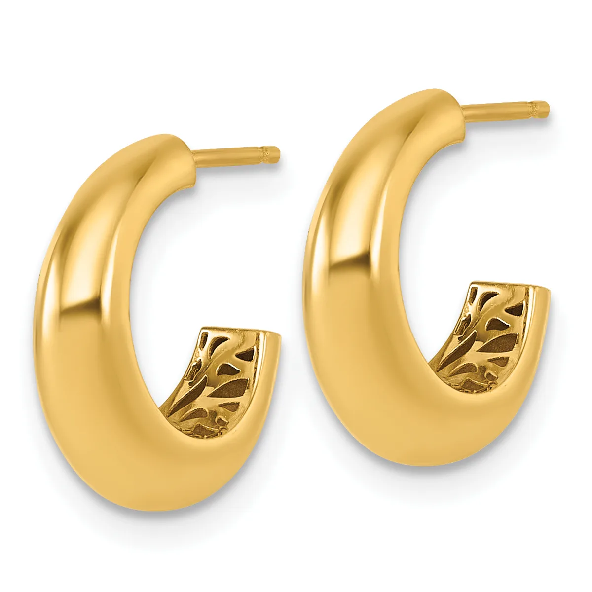 Pair of polished gold hoop earrings with decorative patterned details at the base and post-style backs.