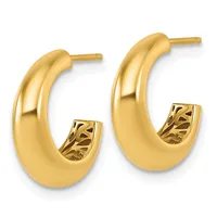 Pair of polished gold hoop earrings with decorative patterned details at the base and post-style backs.