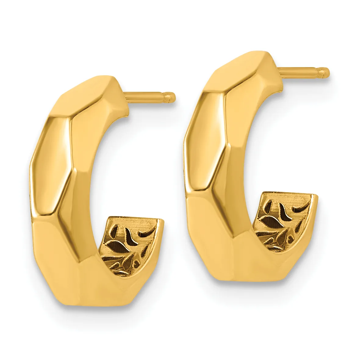 Pair of gold hoop earrings with polished curved surfaces and textured oval details at the bottom, displayed against a white background.