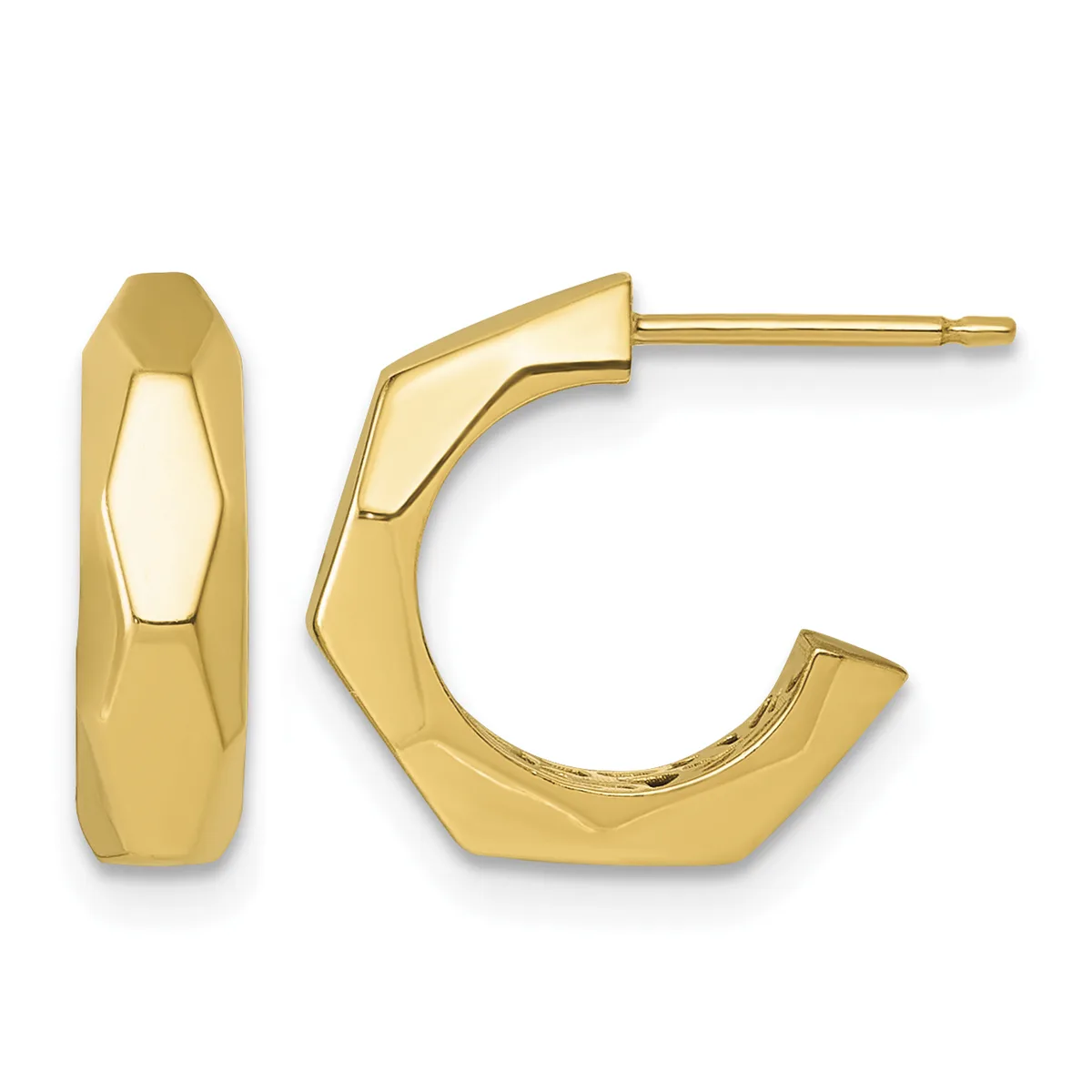 A pair of polished gold hoop earrings with a chunky, faceted rectangular design, shown from the front and side views.