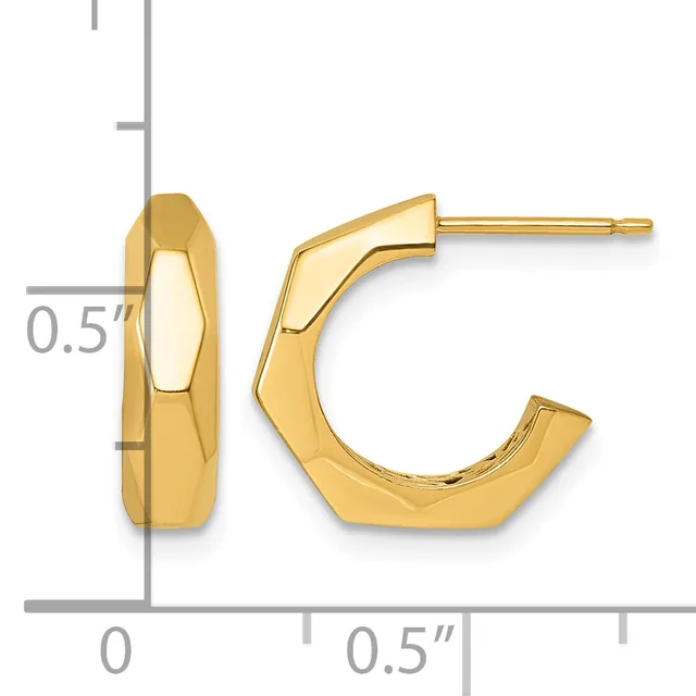 Pair of gold-colored chunky hoop earrings with a polished finish, shown from front and side views with measurement scale indicating approximately 0.5 inch thickness.