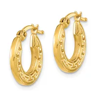 A pair of gold hoop earrings with textured Greek key pattern designs on the inner surfaces, shown against a white background.