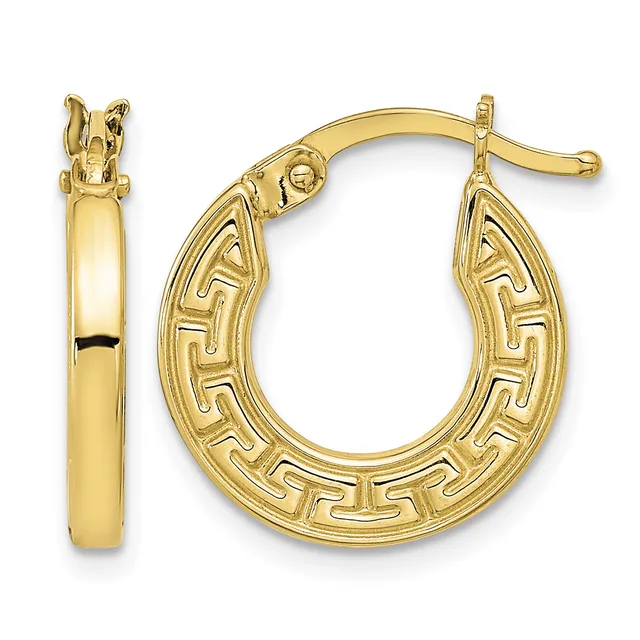 Pair of gold hoop earrings with Greek key pattern design, shown from front and side views.