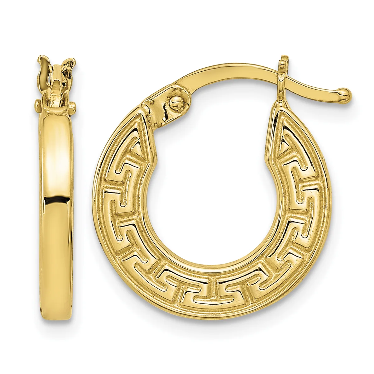 Pair of gold hoop earrings with Greek key pattern design, shown from front and side views.