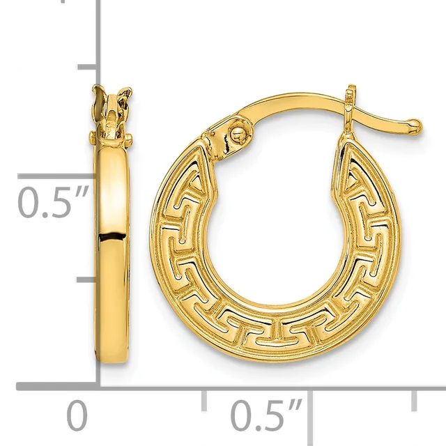 Gold-toned hoop earrings with a Greek key pattern design, shown with measurement scale indicating approximately 0.5 inches in height and width.