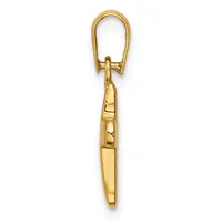 A gold-toned metal pendant with a horseshoe-shaped bail at the top connected to an elongated teardrop-shaped charm with textured rectangular sections along its length.