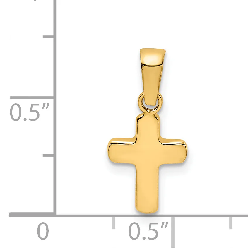 A gold cross pendant with rounded arms and a polished finish, shown against a measurement scale indicating approximately half an inch in width and height.