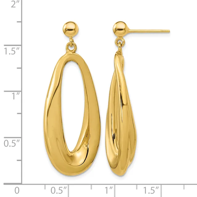 Pair of gold-colored oval dangle earrings with polished finish shown on a measurement scale indicating approximately 1.5 inches in length.