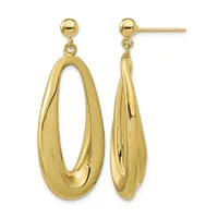 Pair of gold-toned oval doop earrings with textured surfaces and ball post backs, shown from front and side views.