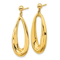 A pair of polished gold teardrop-shaped dangle earrings with ball studs shown against a white background.